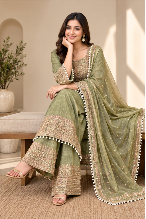 Women's Silk Embroidered 3/4th Sleeve Round Kurti With Sharara Pant and Dupatta Set (Green)