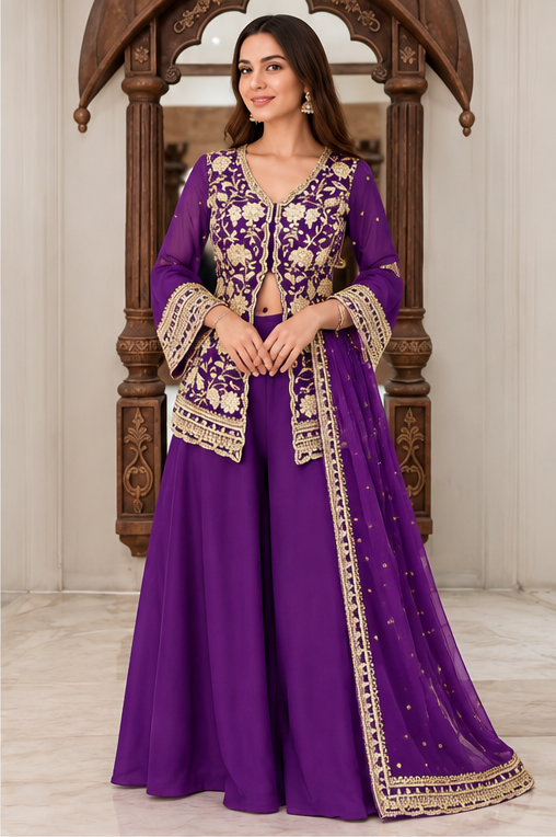 Women's Georgette Embroidery 3-4th Sleeve V-Neck Kurti, Palazzo And Dupatta Set (Purple)