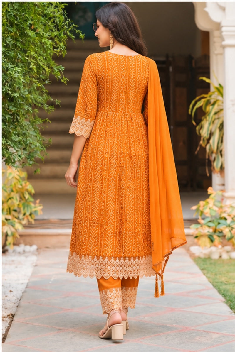 Women’s Orange Rayon Nyra Cut Bandhani Printed Kurti Set with Pant & Dupatta