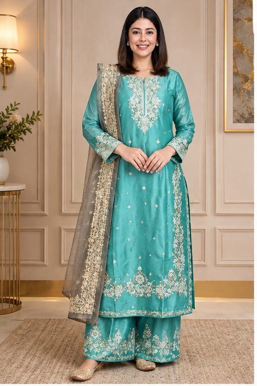 Women's Silk Embroidered 3/4th Sleeve Round Readymade Kurti With Palazzo Pant and Dupatta Set (Sea Green)