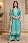 Women's Silk Embroidered 3/4th Sleeve Round Readymade Kurti With Palazzo Pant and Dupatta Set (Sea Green)