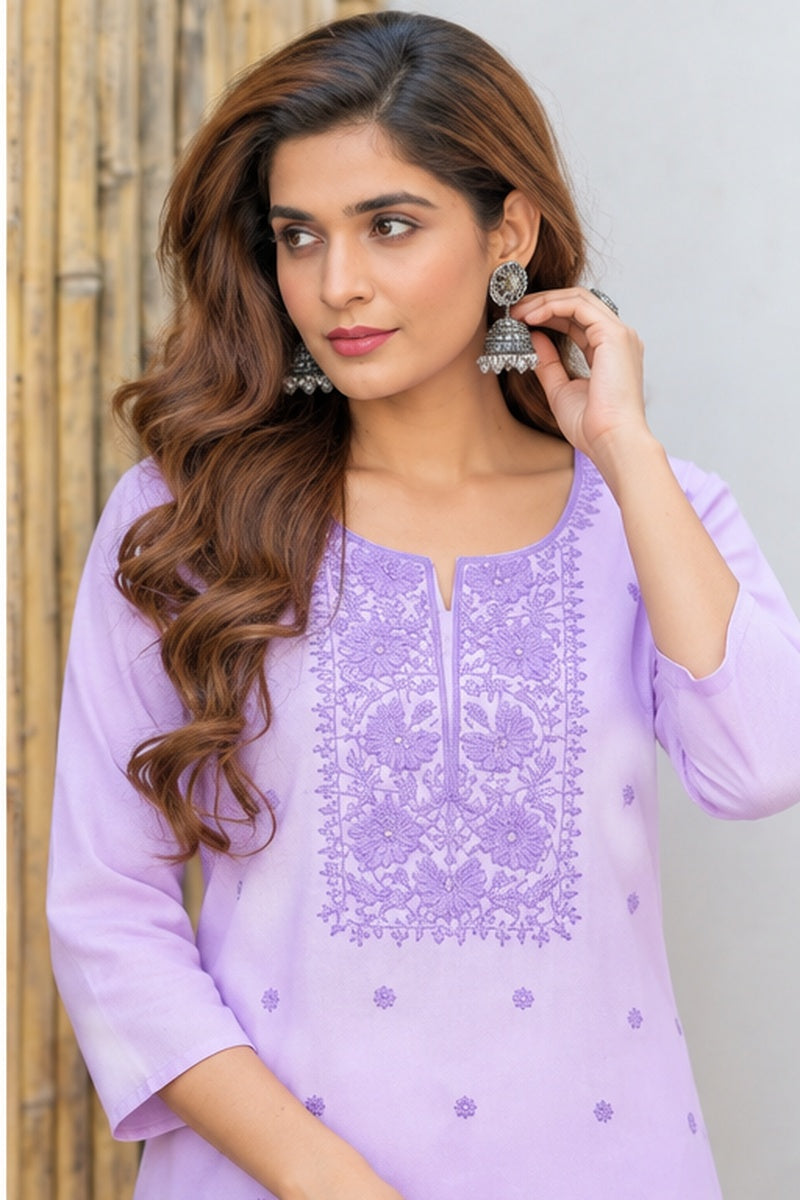 Women’s Lavender Viscose Rayon Floral Embroidered Short Kurti