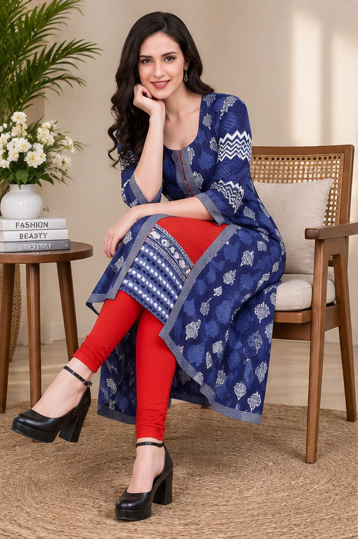 Women's Cotton Printed Long Kurti (Blue, Red, Cotton)