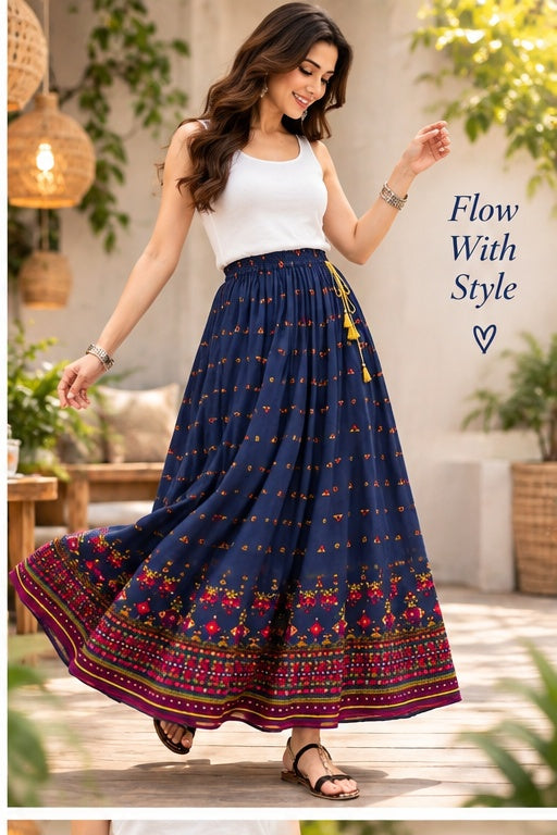 Women’s Navy Blue Printed Flared Maxi Skirt with Decorative Border