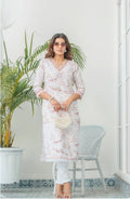 Women’s White & Pink Linen Abstract Printed Straight Kurti