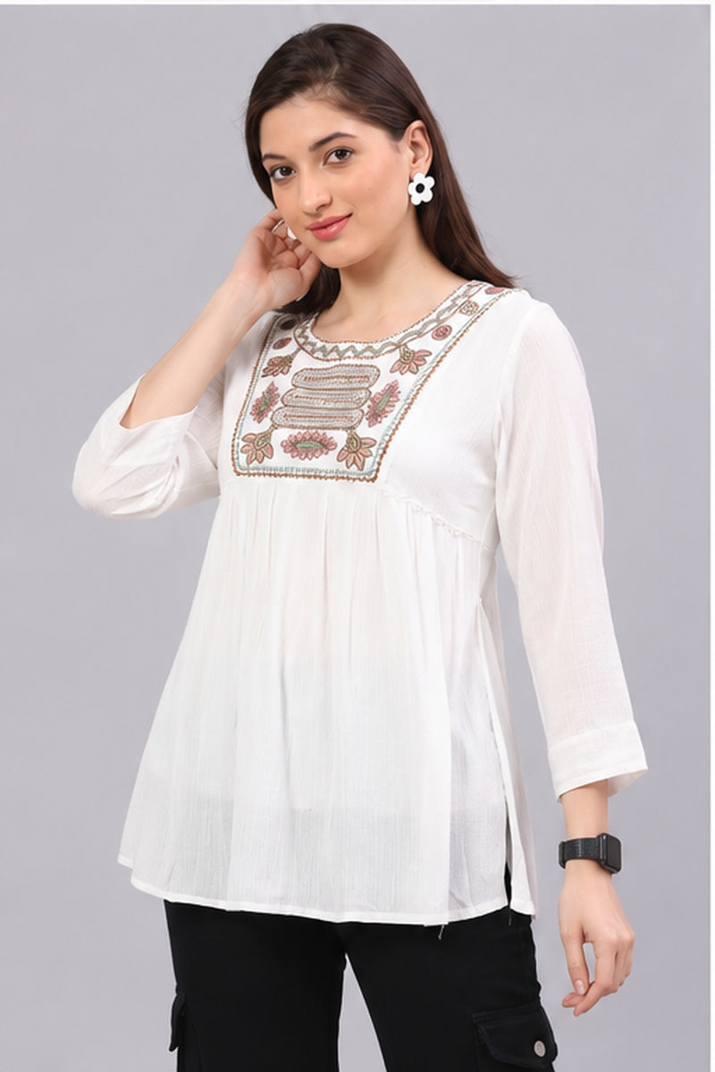 Women’s White Embroidered Flared Top