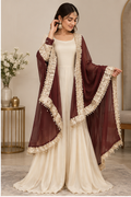 Women's Silk Embroidered 3/4th Sleeve V-Neck Kurti With Sharara Pant and Dupatta Set (Cream &amp; Brown)