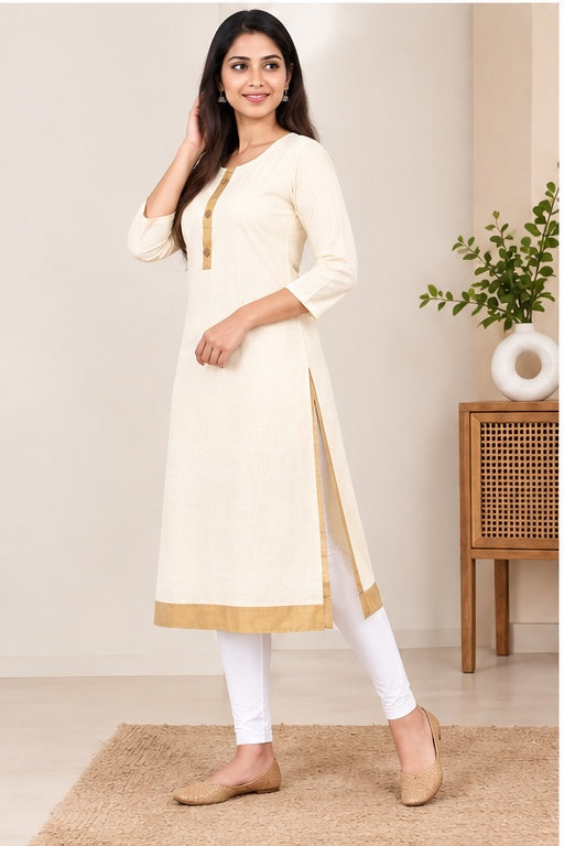 Women’s Cotton Solid Kurti with Golden Border – Elegant Everyday Wear