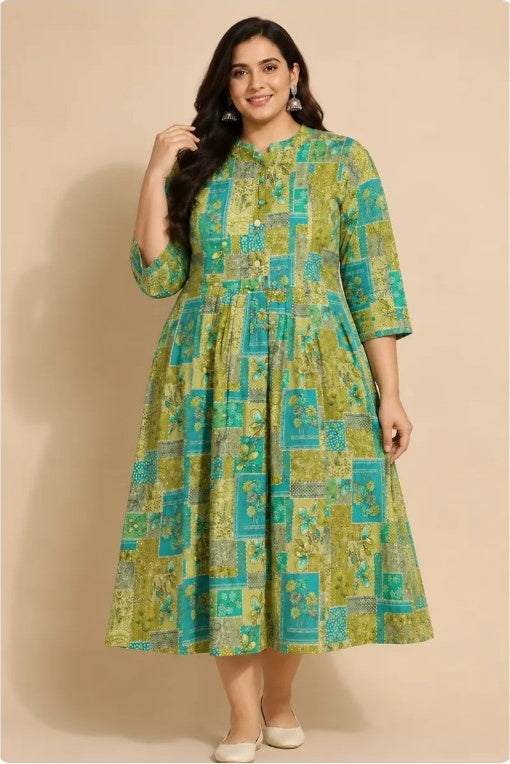 Women’s Green & Teal Poly-Cotton A-Line Printed Kurti – Plus Size