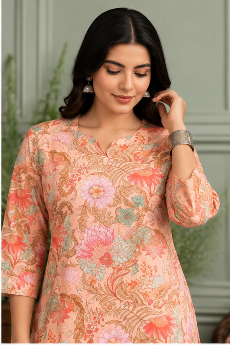 Women’s Peach Rayon Floral Printed Straight Kurti
