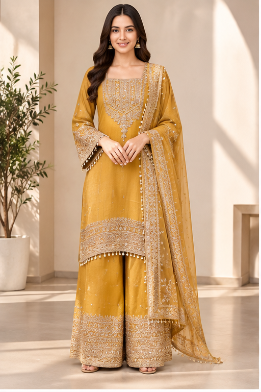 Women's Silk Embroidered 3/4th Sleeve Round Kurti With Sharara Pant and Dupatta Set (Yellow)