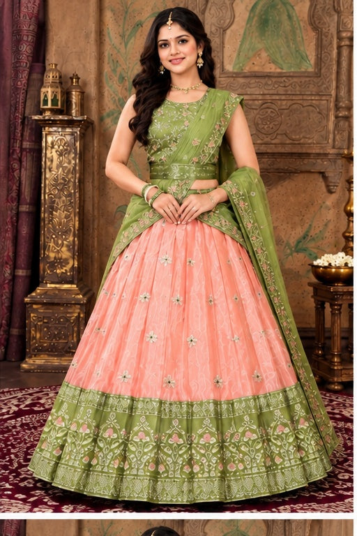 Embroidered Green & Peach Lehenga Choli Set with Dupatta for Women