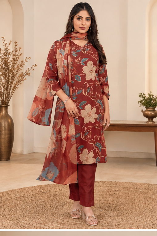 Women's Cotton Blend Printed Kurti With Pant Dupatta Set (Rust)
