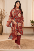 Women's Cotton Blend Printed Kurti With Pant Dupatta Set (Rust)