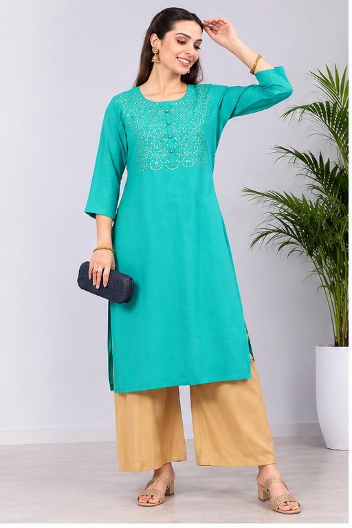Women’s Cotton Blend Solid Kurta with Printed Yoke – Turquoise Blue