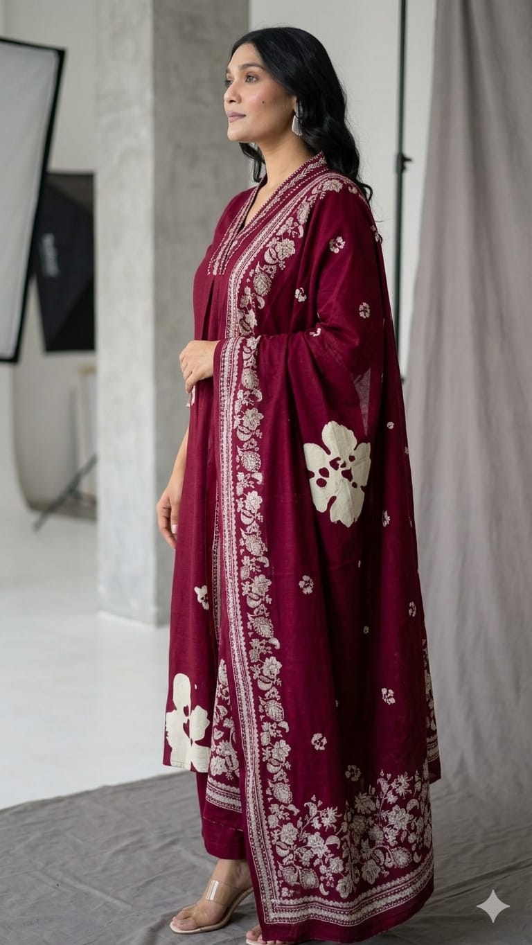 Maroon Floral Printed Embroidered Kurta Set with Dupattah
