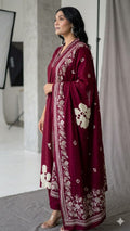 Maroon Floral Printed Embroidered Kurta Set with Dupattah