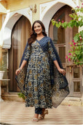Women’s Cotton Floral Printed Angarkha Kurti with Pant & Dupatta Set