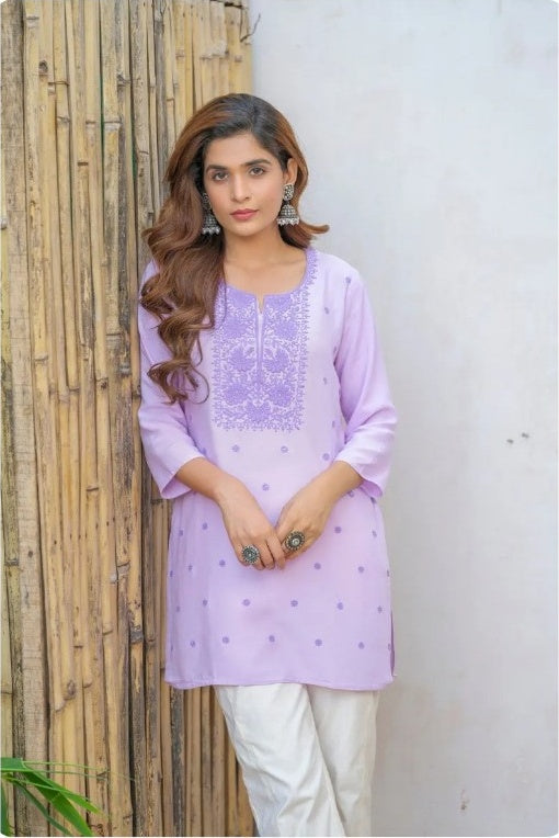 Women’s Lavender Viscose Rayon Floral Embroidered Short Kurti