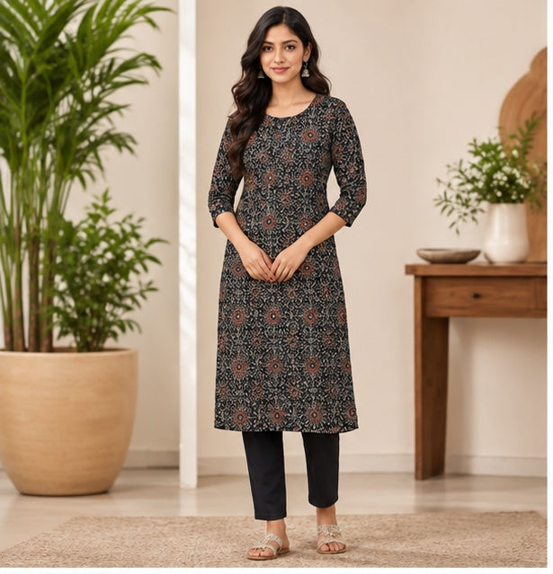 Women’s Printed Straight Kurti with 3/4 Sleeves – Black & Rust Floral Print
