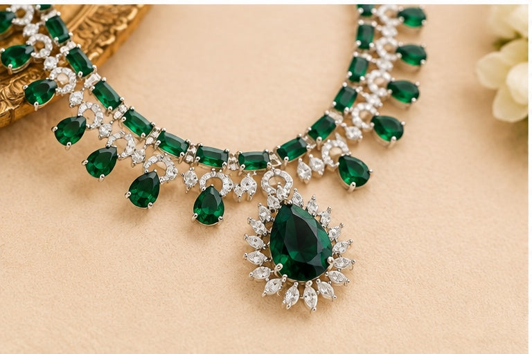 Emerald Green & Silver AD Necklace Set