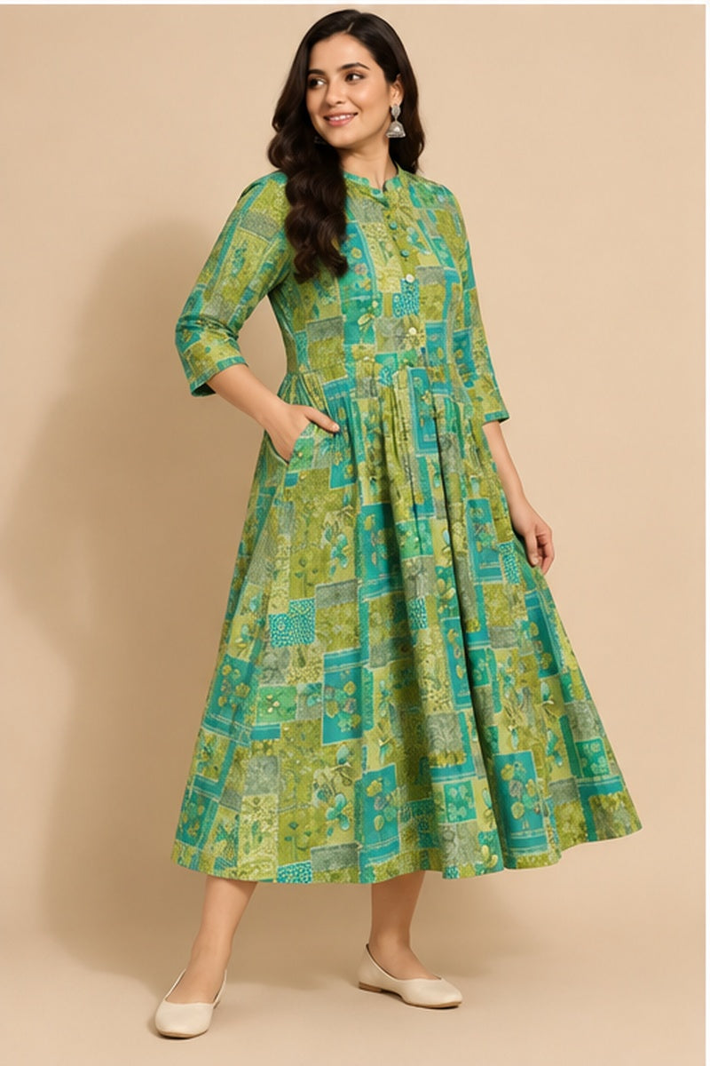 Women’s Green & Teal Poly-Cotton A-Line Printed Kurti – Plus Size