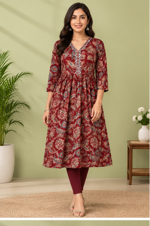 Women’s Maroon Floral Printed Anarkali Kurti with Embroidered Neckline
