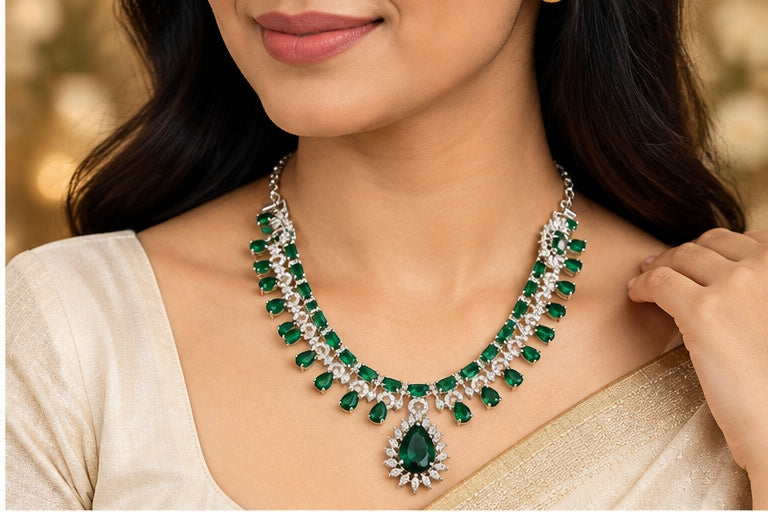 Emerald Green & Silver AD Necklace Set