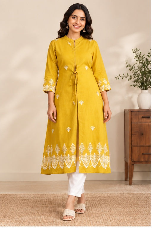 Women’s Mustard Yellow Cotton Embroidered A-Line Jacket Kurta