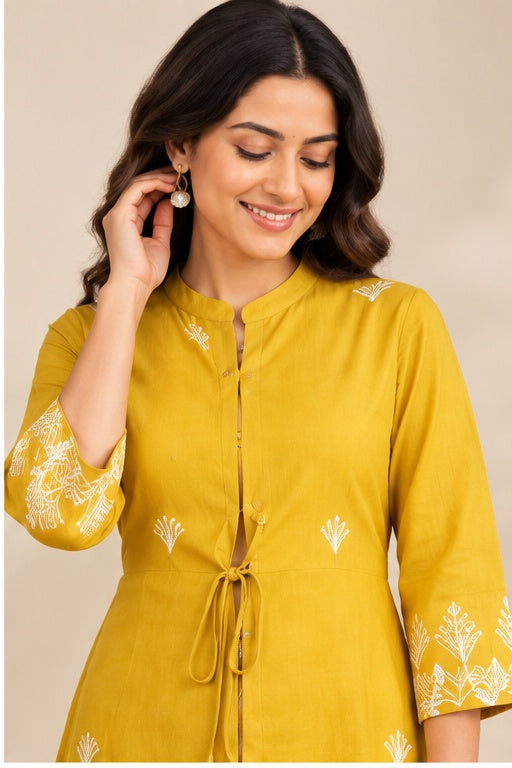 Women’s Mustard Yellow Cotton Embroidered A-Line Jacket Kurta