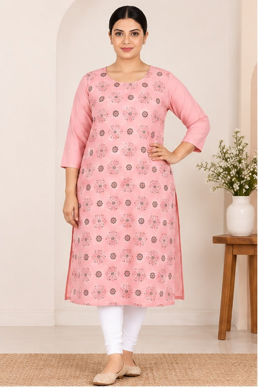 Women’s Pink Cotton Blend Printed Straight-Cut Kurti – Plus Size