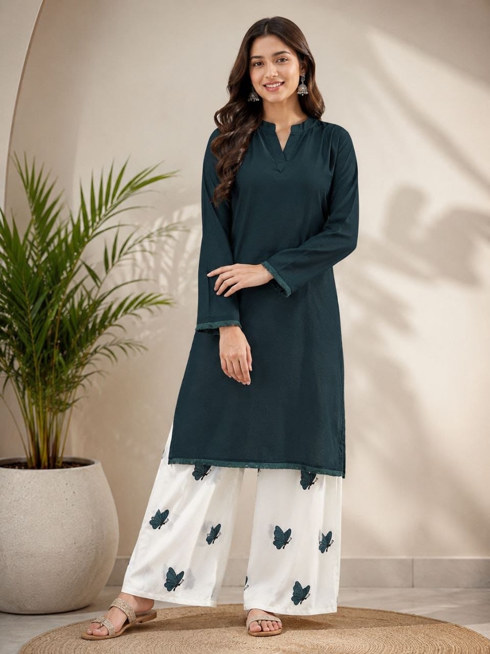 Teal Blue Solid Kurta with White Printed Palazzo Set