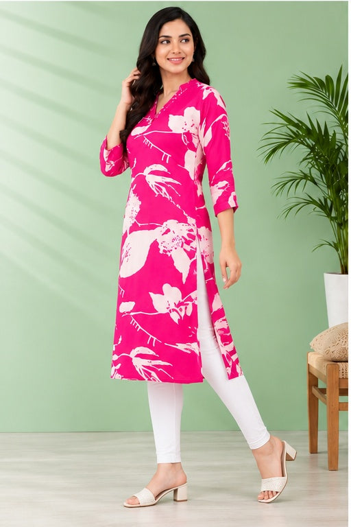 Women’s Rayon Floral Printed Straight Kurti – Pink & White
