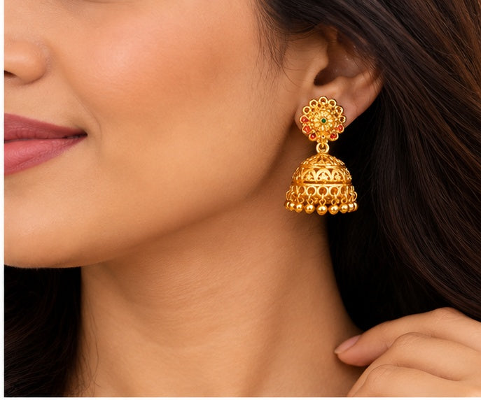 Traditional Gold-Finish Jhumka Earrings with Ruby & Green Detailing