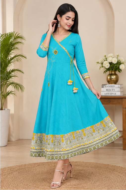 Women's Casual 3/4 th Sleeve Embroidery Cotton Blend Kurti (Torque Green)