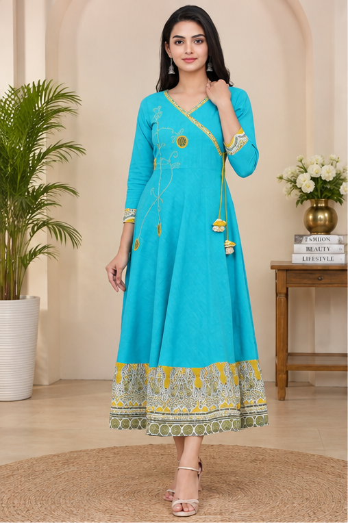 Women's Casual 3/4 th Sleeve Embroidery Cotton Blend Kurti (Torque Green)