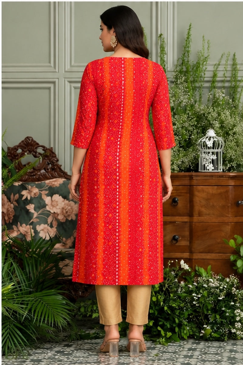 Women’s Red Viscose Rayon Bandhani Printed Kurti with Embroidered Neckline