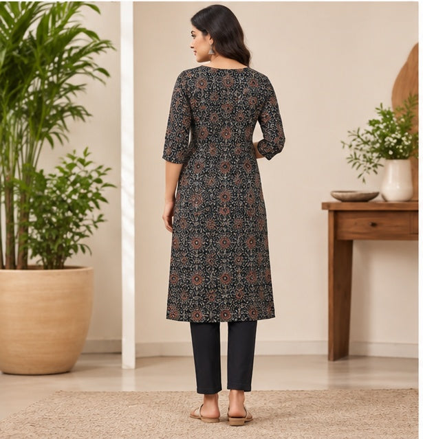 Women’s Printed Straight Kurti with 3/4 Sleeves – Black & Rust Floral Print