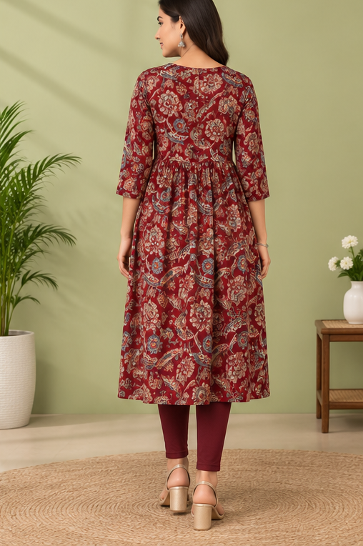 Women’s Maroon Floral Printed Anarkali Kurti with Embroidered Neckline