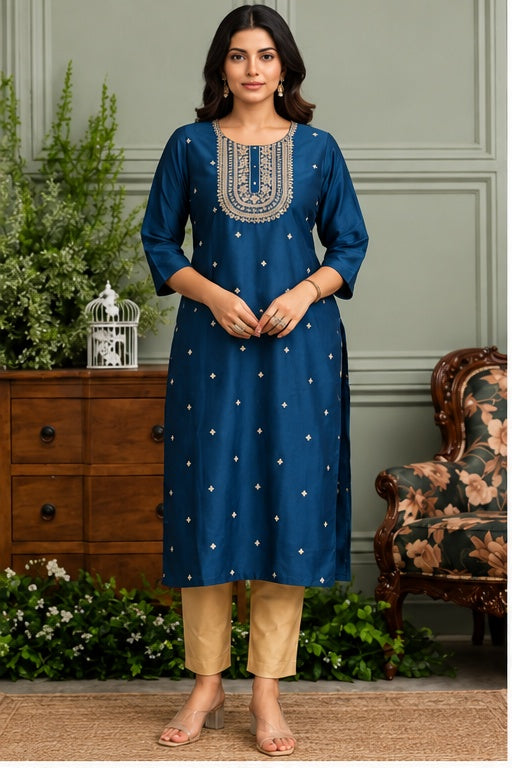 Women’s Navy Blue Art Silk Embroidered Straight Kurti with Golden Detailing
