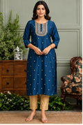 Women’s Navy Blue Art Silk Embroidered Straight Kurti with Golden Detailing