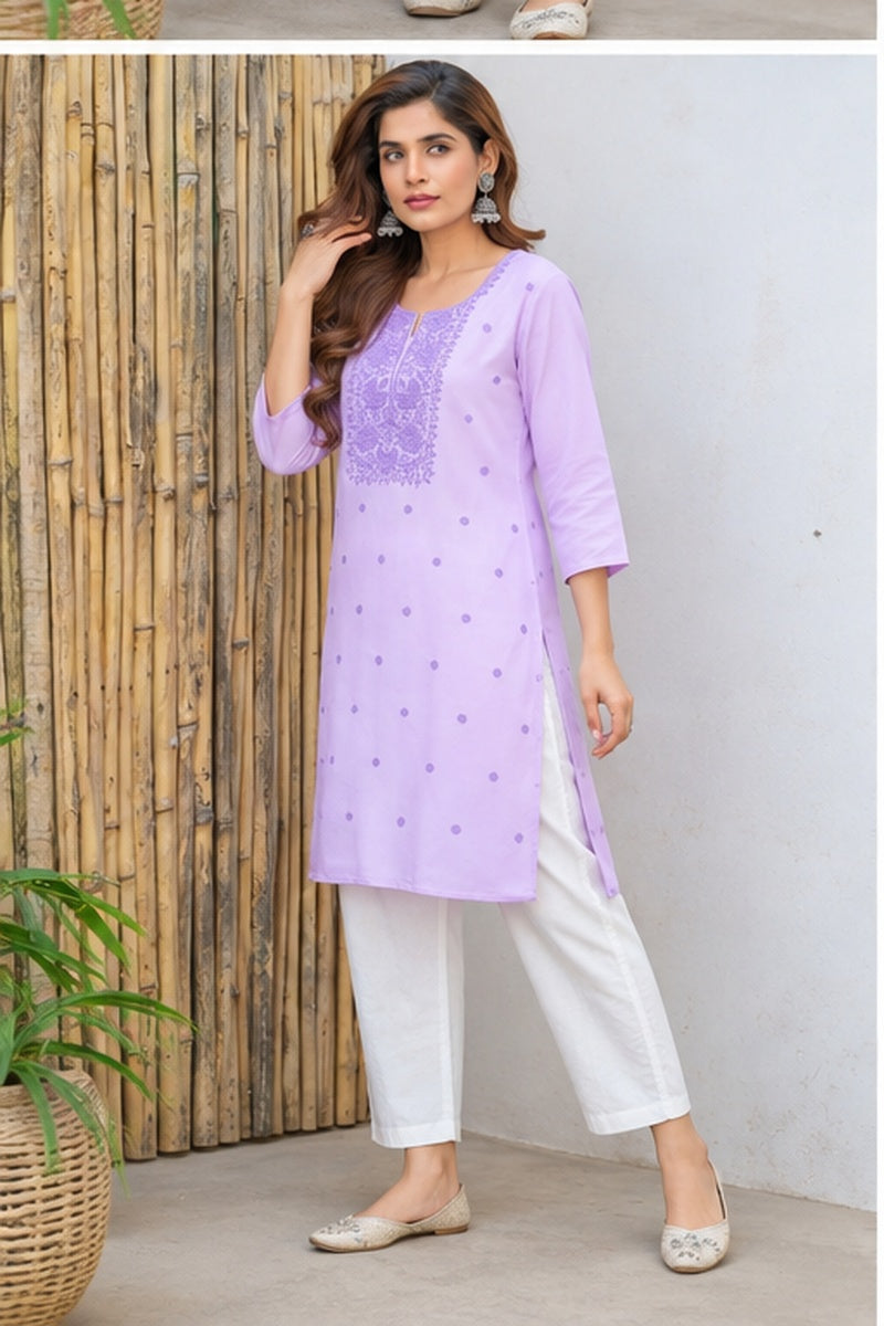 Women’s Lavender Viscose Rayon Floral Embroidered Short Kurti
