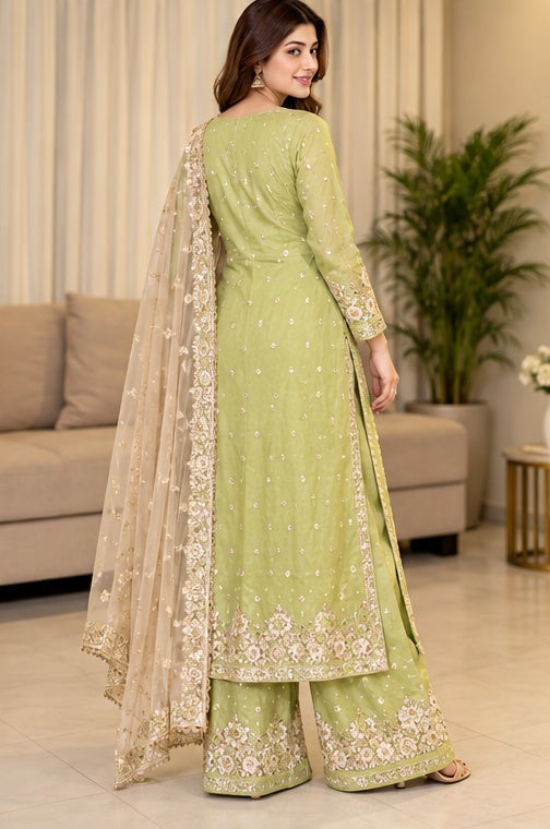 Women's Silk Embroidered 3/4th Sleeve Round Readymade Kurti With Palazzo Pant and Dupatta Set (Pista)