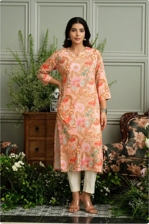 Women’s Peach Rayon Floral Printed Straight Kurti