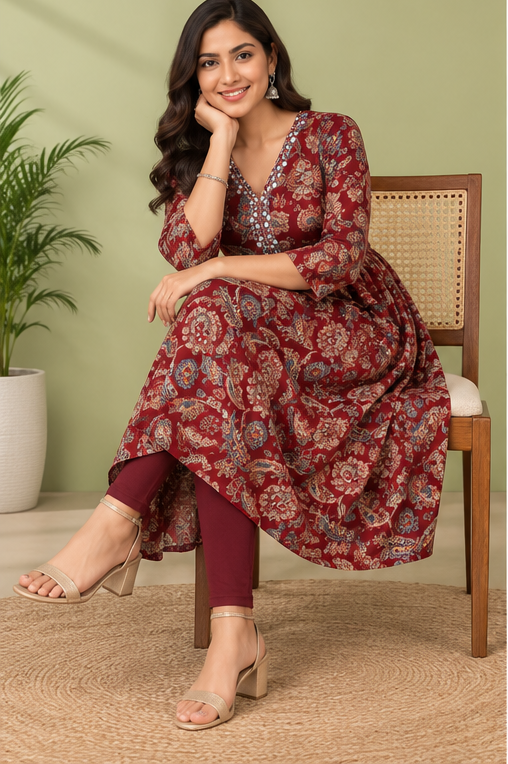 Women’s Maroon Floral Printed Anarkali Kurti with Embroidered Neckline