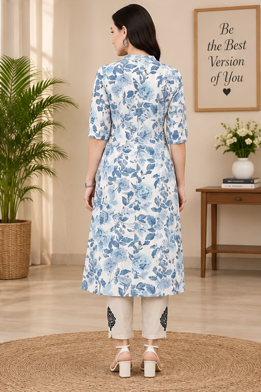 Women's Cotton Printed Floral Print Kurti (White, Blue, Cotton)
