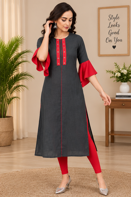 Women's Casual Bell Sleeves Mirror Work Cotton Slub Kurti (Grey)