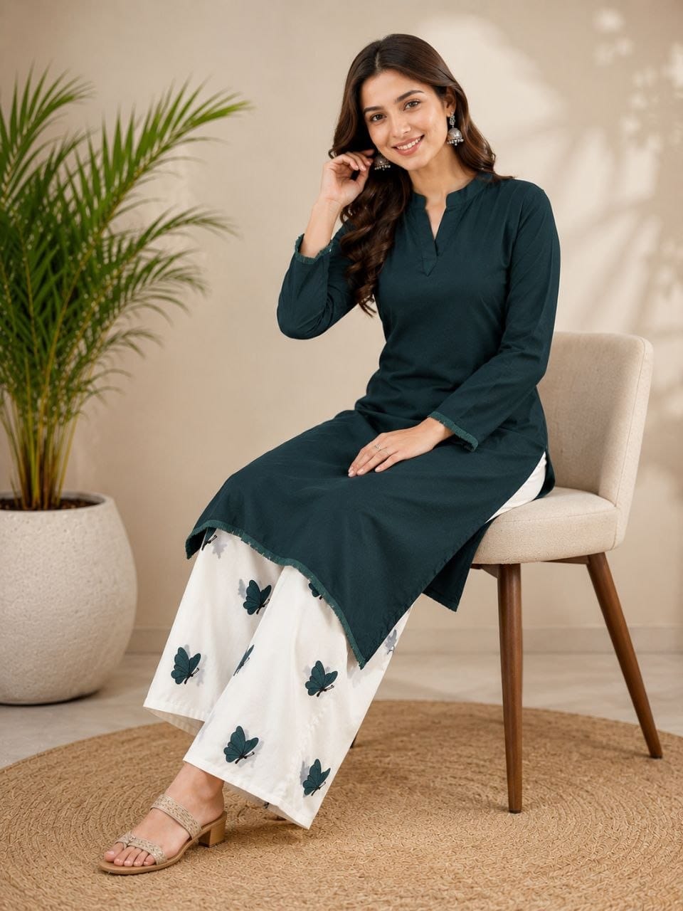 Teal Blue Solid Kurta with White Printed Palazzo Set
