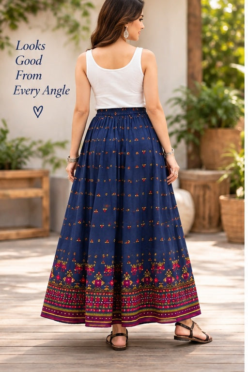 Women’s Navy Blue Printed Flared Maxi Skirt with Decorative Border