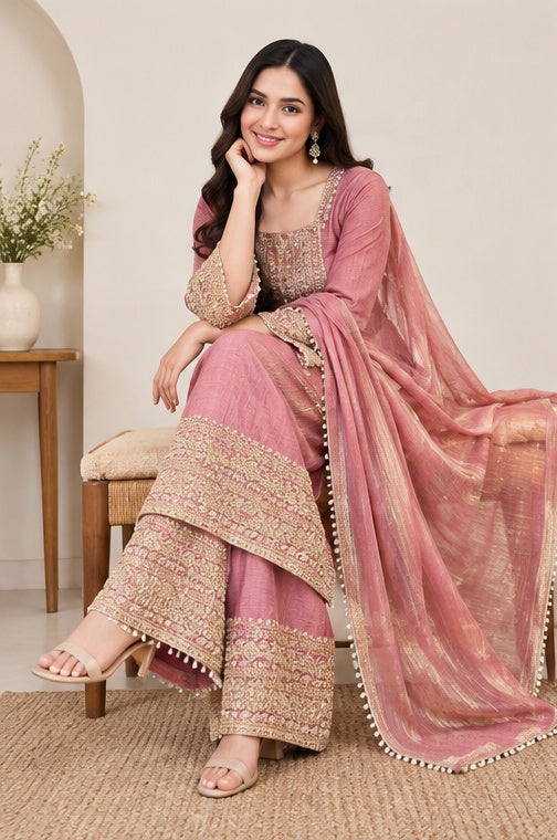 Women's Silk Embroidered 3/4th Sleeve Round Kurti With Sharara Pant and Dupatta Set (Pink)